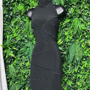Vintage Cache Dress Small Black Blue Pinstripe Bandage Bodycon Mock Neck 3886